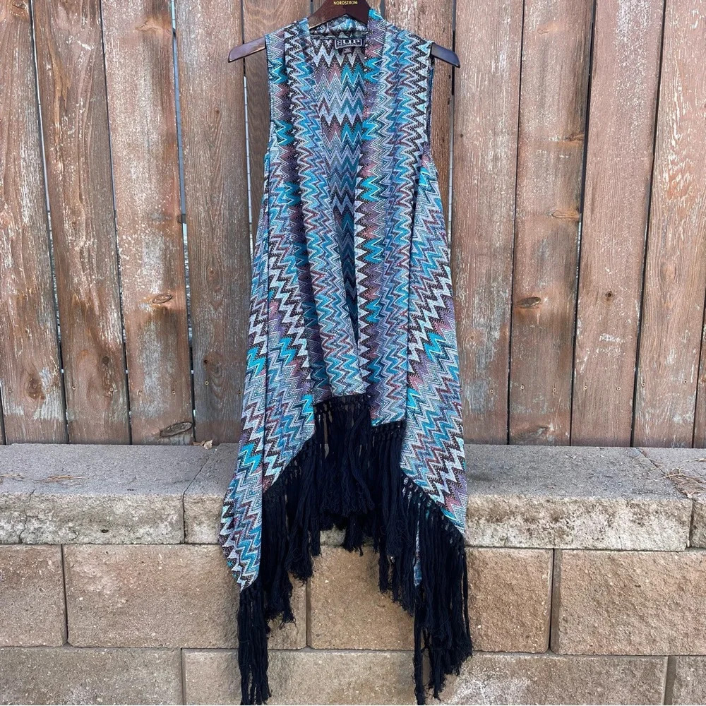 COWGIRL UP Women’s Western Teal Pink Brown Pattern Fringe Vest Shrug Large